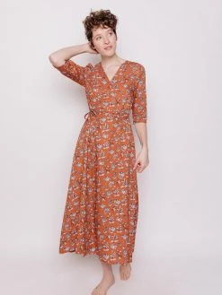 Mata Traders Aditi Hazelnut Floral Tencel Wrap Dress Clothing