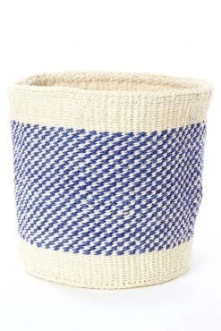 Swahili African Modern Home Goods Blue And Cream Twill Sisal Nesting Basket Set