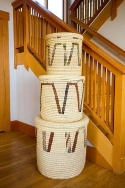 Swahili African Modern Chestnut Arrow Doum Palm Hamper Basket Set Home Goods
