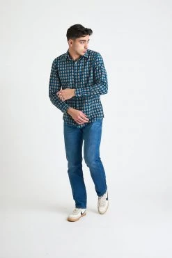 Dushyant Asthana Men's Amir Long Sleeve Shirt - Blue + Red Motif