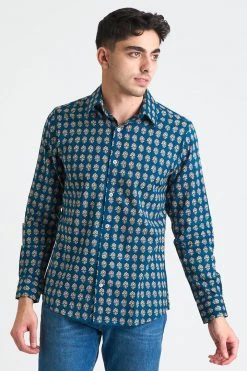 Dushyant Asthana Men's Amir Long Sleeve Shirt - Blue + Red Motif