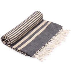 Hilana: Upcycled Cotton Fethiye Upcycled Turkish Towel / Blanket - Navy Blue Recycled + Upcycled