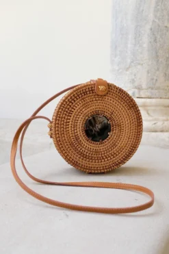 Hathorway BIPOC Owned Tan Tien Buffalo Horn Centerpiece Circle Wicker Rattan Bag