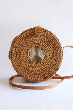 Hathorway BIPOC Owned Tan Tien Buffalo Horn Centerpiece Circle Wicker Rattan Bag