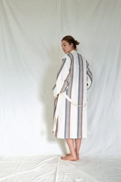 Home & Loft Hudson Unisex Long Turkish Robe - Brown + Cream