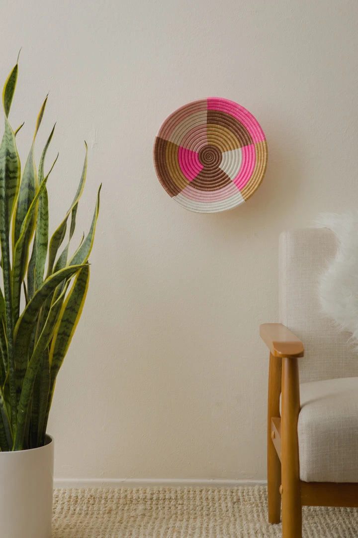 KAZI Home Goods Large Blossom Pinks + Tan Round Basket 5 KAZI Home Goods Large Blossom Pinks + Tan Round Basket