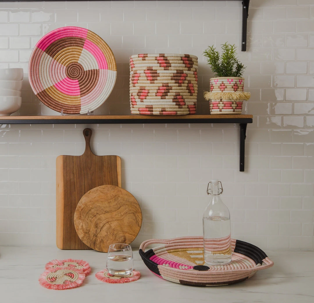 KAZI Home Goods Large Blossom Pinks + Tan Round Basket 6 KAZI Home Goods Large Blossom Pinks + Tan Round Basket