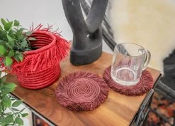 KAZI Burgundy Fringed Raffia Coasters