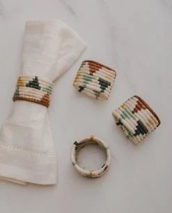 KAZI Sand + Hunter Green Napkin Ring Set