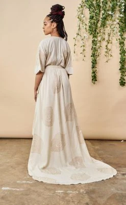 Symbology Peacock Feather Maxi Modal Wrap Dress - Cream + Gold