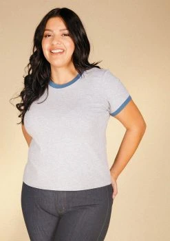Poplinen Best Sellers Pat Bamboo Ringer Tee - Heather Gray + True Blue