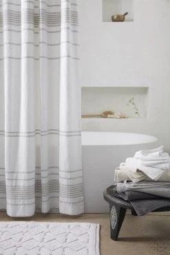 Coyuchi Rippled Stripe Shower Curtain - Alpine White / Gray
