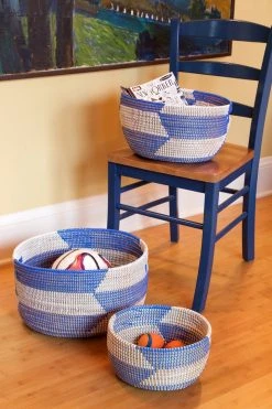 Swahili African Modern Set Of Three Blue Herringbone Sewing Baskets Home Goods