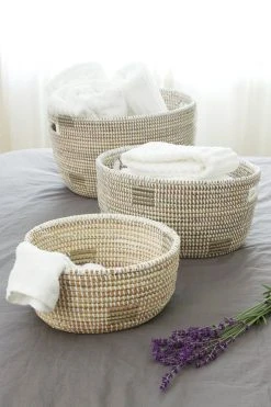 Swahili African Modern Set Of Three White Nesting Baskets 9 Swahili African Modern Set Of Three White Nesting Baskets
