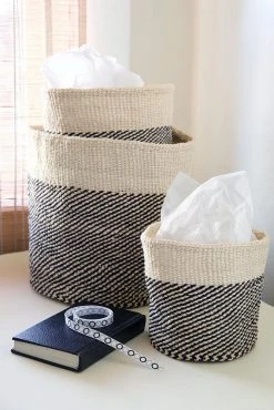 Swahili African Modern Black And Cream Twill Sisal Nesting Basket Set