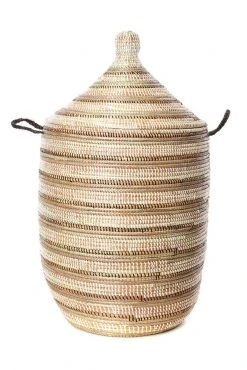 Swahili African Modern Home Goods Large Black, Silver & White Striped Laundry Hamper