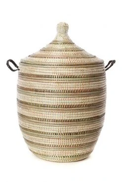 Swahili African Modern Medium Black, Silver + White Striped Laundry Hamper