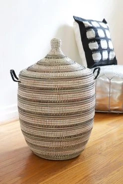 Swahili African Modern Medium Black, Silver + White Striped Laundry Hamper