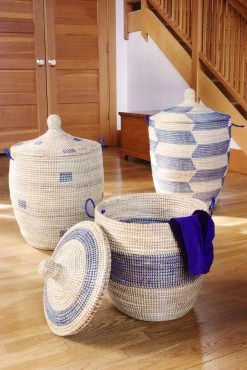 Swahili African Modern Home Goods Blue And Cream Mixed Pattern Hamper Set