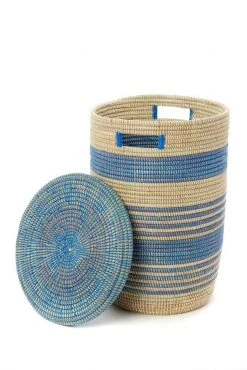 Swahili African Modern Home Goods Blue Ebb + Flow Striped Hamper Set