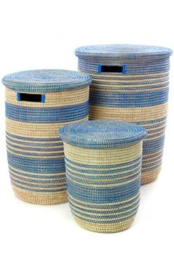 Swahili African Modern Home Goods Blue Ebb + Flow Striped Hamper Set