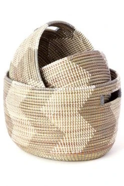Swahili African Modern Silver And White ZigZag Nesting Basket Set Home Goods