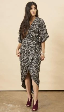 Symbology Art Deco Modal Maxi Wrap Dress - Black + Cream