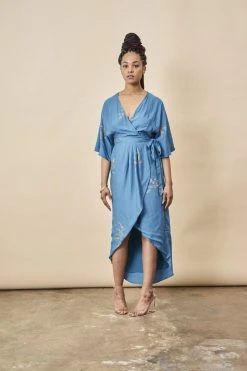 Symbology Cherry Blossom Modal Maxi Wrap Dress - Sapphire + Gold Best Sellers