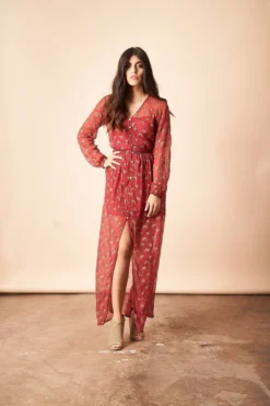 Symbology Sale Ginkgo Leaf Maxi Button Down Dress In Magenta + Gold