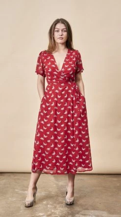 Symbology Ginkgo Leaf Midi Wrap Dress - Red + Silver