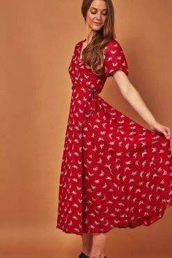 Symbology Ginkgo Leaf Midi Wrap Dress - Red + Silver