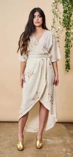 Symbology Hand Beaded Cherry Blossom Modal Maxi Wrap - Ivory + Antique Gold Best Sellers