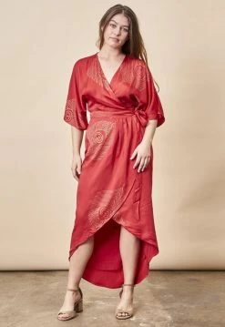 Symbology Best Sellers Peacock Feather Modal Wrap Dress - Lipstick Red + Gold