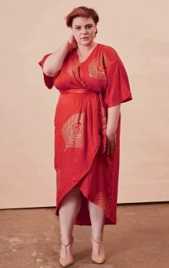 Symbology Best Sellers Peacock Feather Modal Wrap Dress - Lipstick Red + Gold