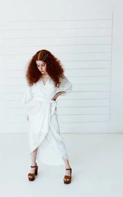 Symbology Peacock Modal Maxi Wrap Dress - White + Gold