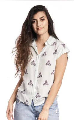 Symbology Printed Iris Blouse In Pale Mint + Blueberry