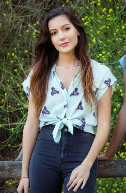 Symbology Printed Iris Blouse In Pale Mint + Blueberry