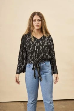 Symbology Stylized Feather Tie Knot Blouse - Black + Cream Clothing