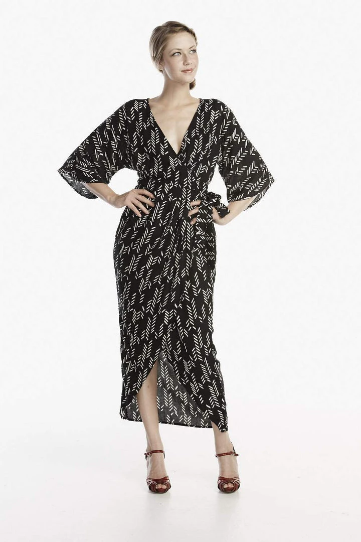 Symbology Stylized Feather Modal Wrap Dress - Black + Cream 4 Symbology Stylized Feather Modal Wrap Dress - Black + Cream