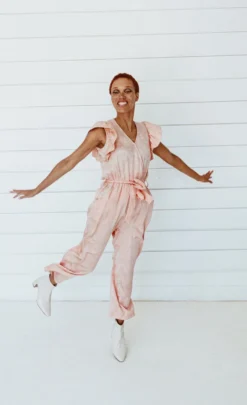 Symbology Tattoo Floral Modal Ruffle Jumpsuit - Blush + Cream