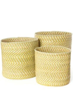 Swahili African Modern Yellow And Natural Maila Milulu Reed Basket
